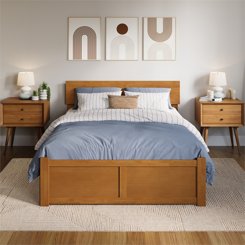 Orlando Full Wood Platform Bed with Footboard and Twin Trundle in Light Toffee