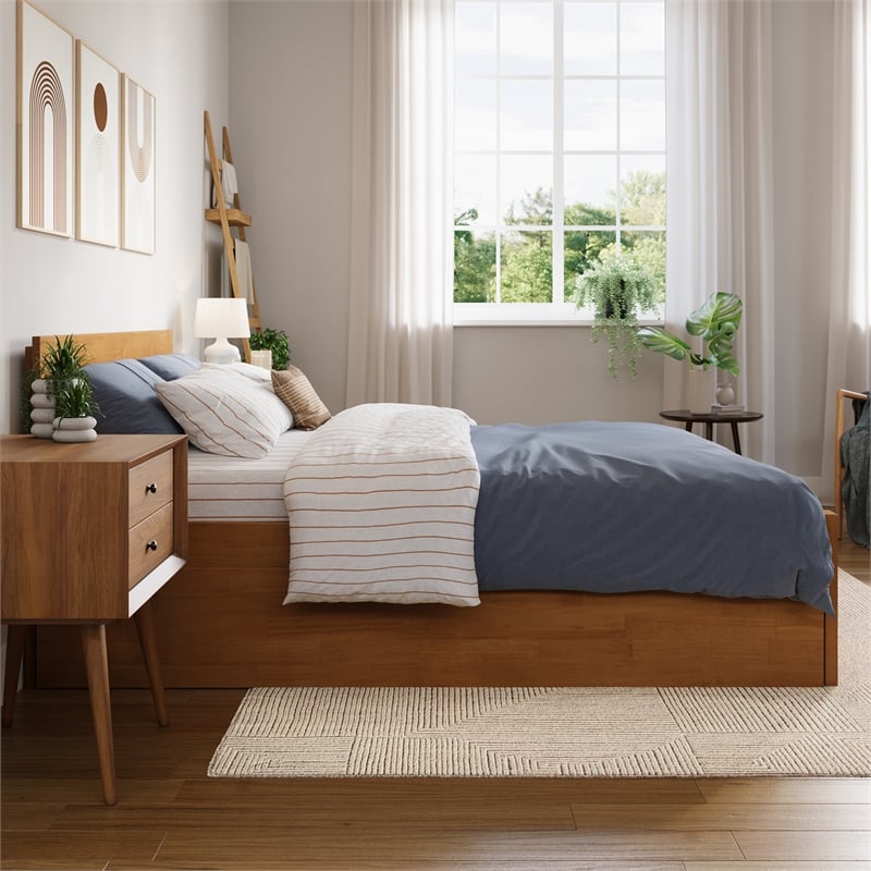 Orlando Full Wood Platform Bed with Footboard and Twin Trundle in Light Toffee