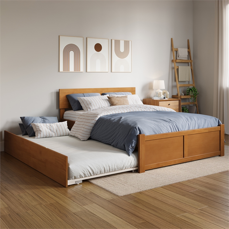 Orlando Full Wood Platform Bed with Footboard and Full Trundle in Light Toffee