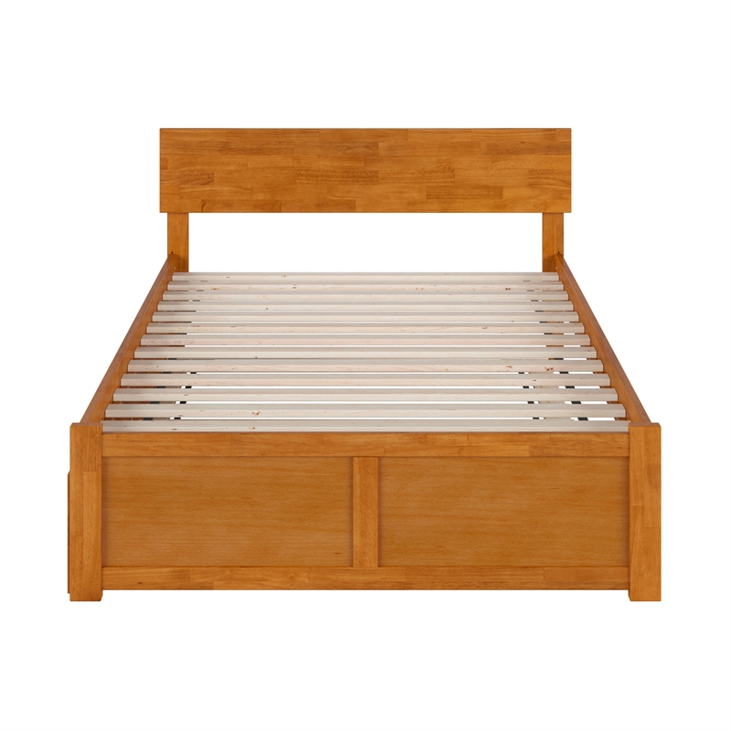 Orlando Full Wood Platform Bed with Footboard and Full Trundle in Light Toffee
