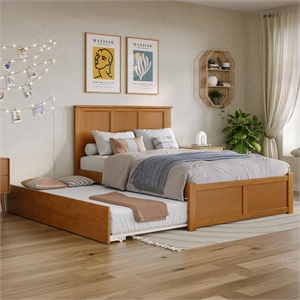 Madison Full Wood Platform Bed with Footboard and Twin Trundle in Light Toffee