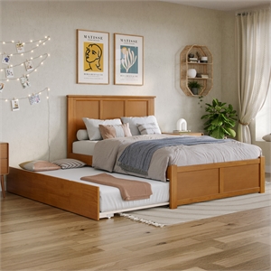 Madison Full Wood Platform Bed with Footboard and Full Trundle in Light Toffee