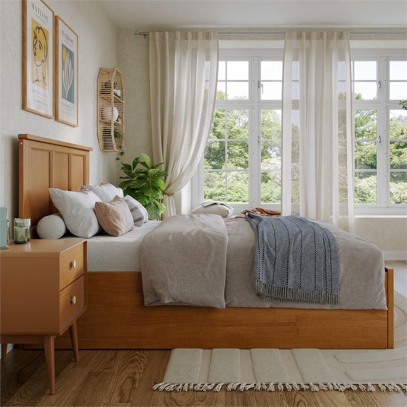 Madison Full Wood Platform Bed with Footboard and Full Trundle in Light Toffee