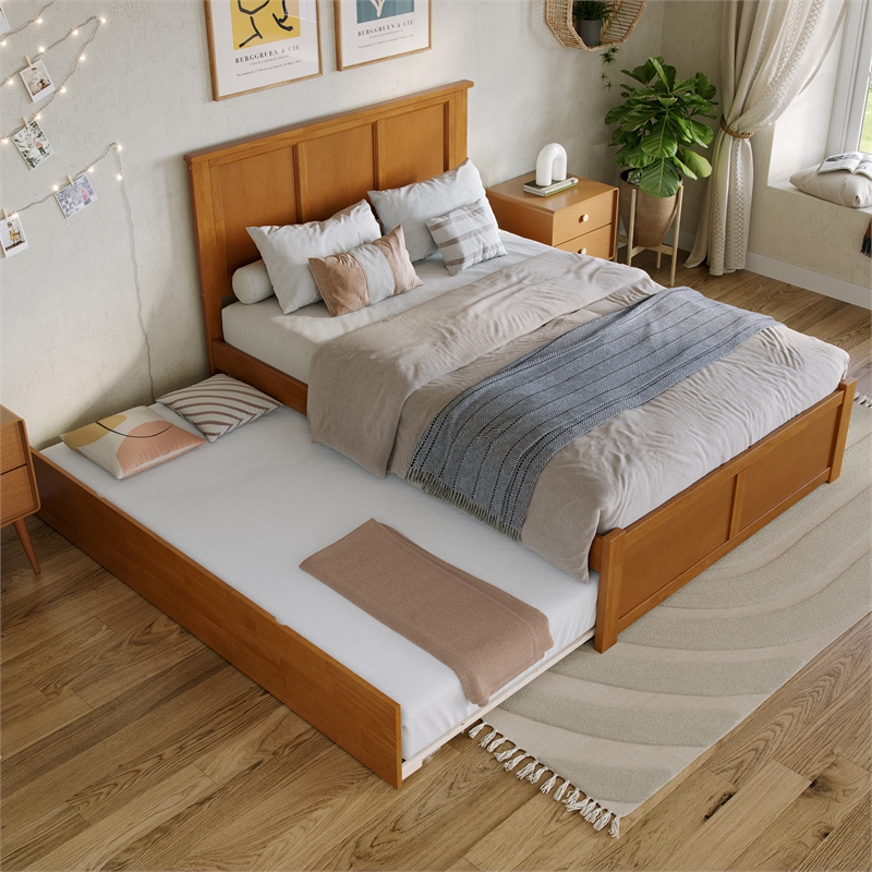 Madison Full Wood Platform Bed with Footboard and Full Trundle in Light Toffee