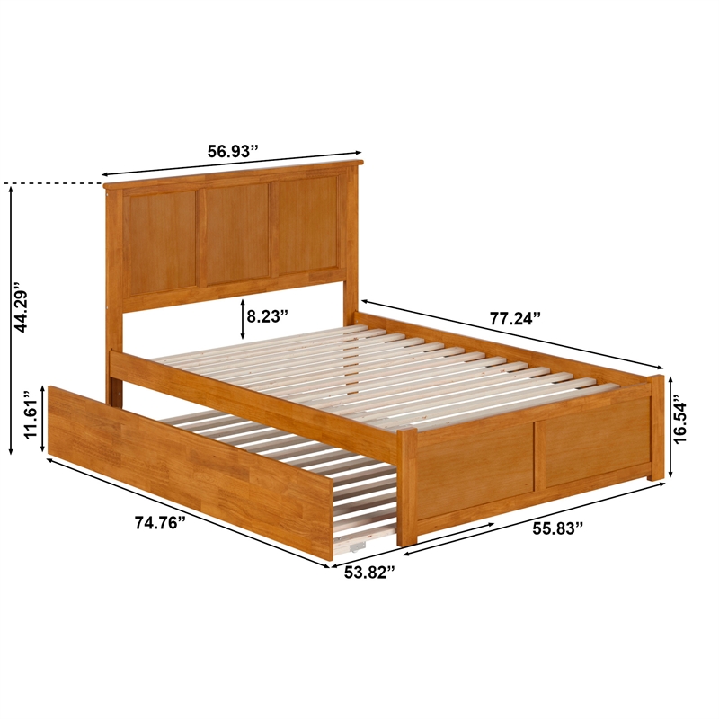 Madison Full Wood Platform Bed with Footboard and Full Trundle in Light Toffee