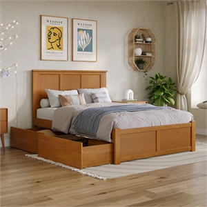 Madison Full Wood Platform Bed with Footboard & Storage Drawers in Light Toffee
