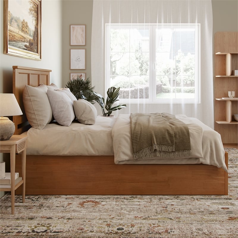 Madison Queen Wood Platform Bed with Footboard and Trundle in Light Toffee