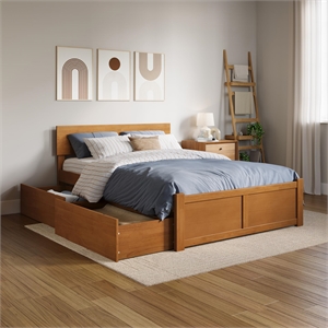 Orlando Full Wood Platform Bed with Footboard and Drawers in Light Toffee