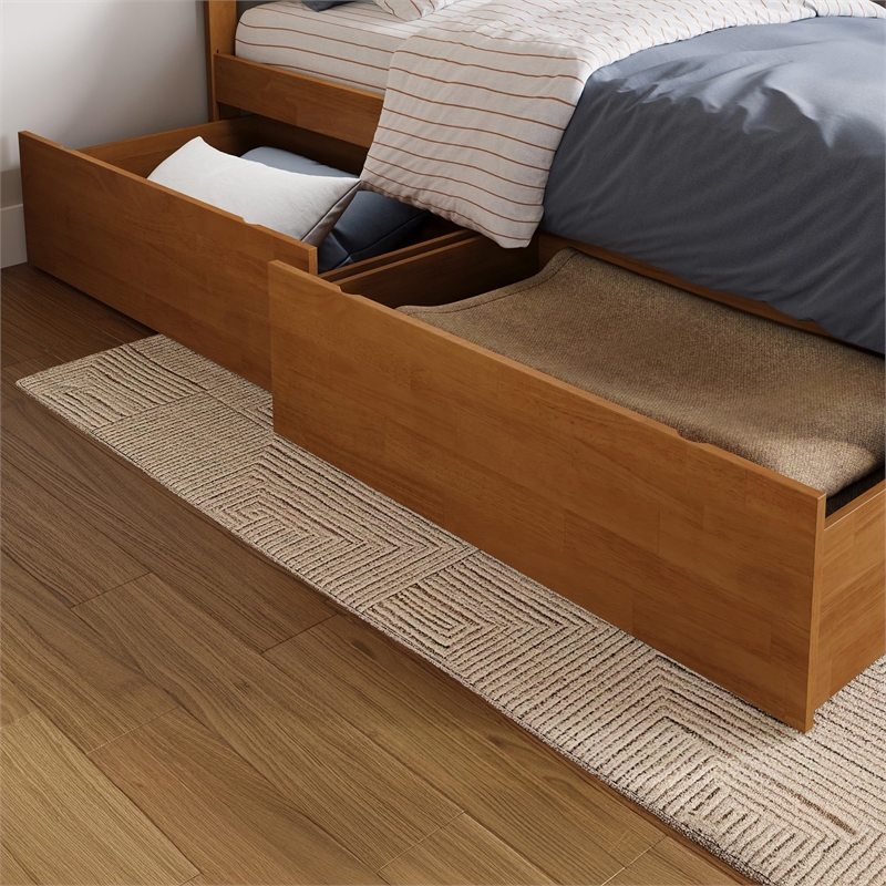 Orlando Full Wood Platform Bed with Footboard and Drawers in Light Toffee