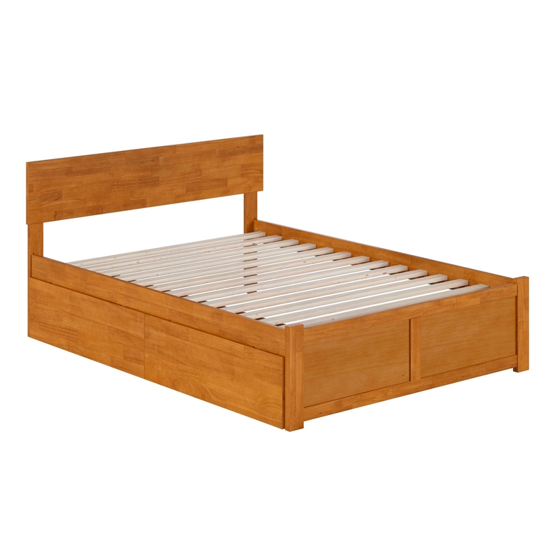 Orlando Full Wood Platform Bed with Footboard and Drawers in Light Toffee