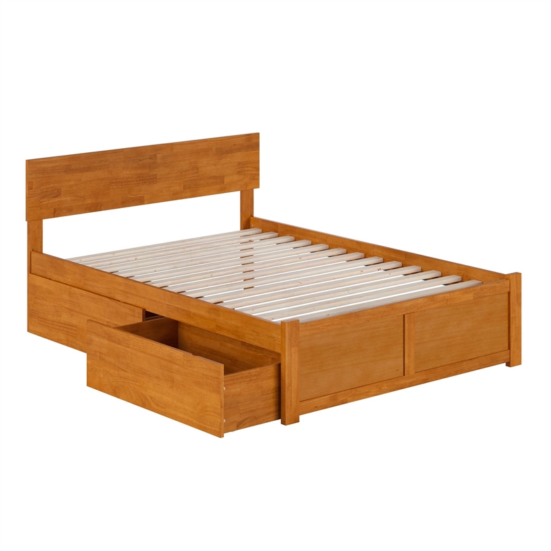 Orlando Full Wood Platform Bed with Footboard and Drawers in Light Toffee
