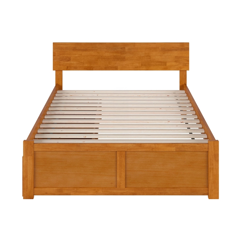 Orlando Full Wood Platform Bed with Footboard and Drawers in Light Toffee