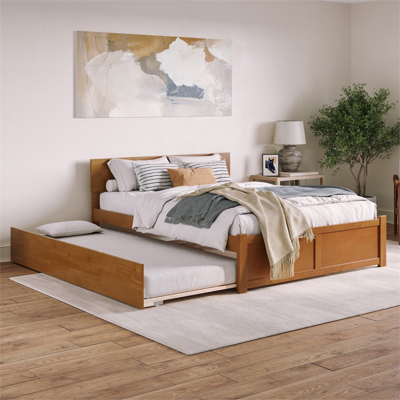 Orlando Queen Wood Platform Bed with Footboard and TXL Trundle in Light Toffee