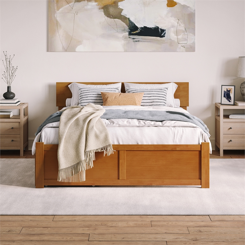 Orlando Queen Wood Platform Bed with Footboard and TXL Trundle in Light Toffee