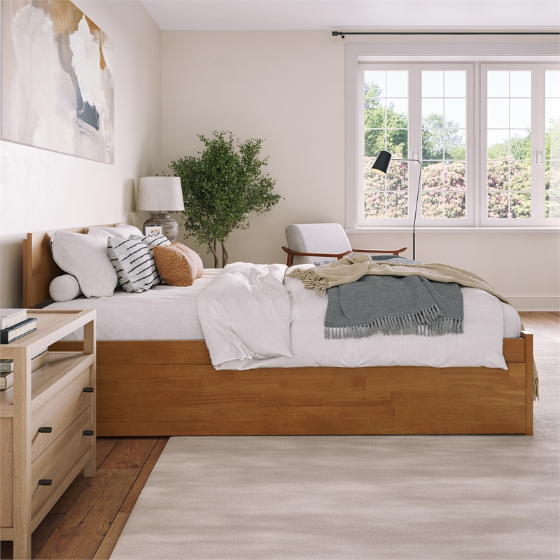 Orlando Queen Wood Platform Bed with Footboard and TXL Trundle in Light Toffee