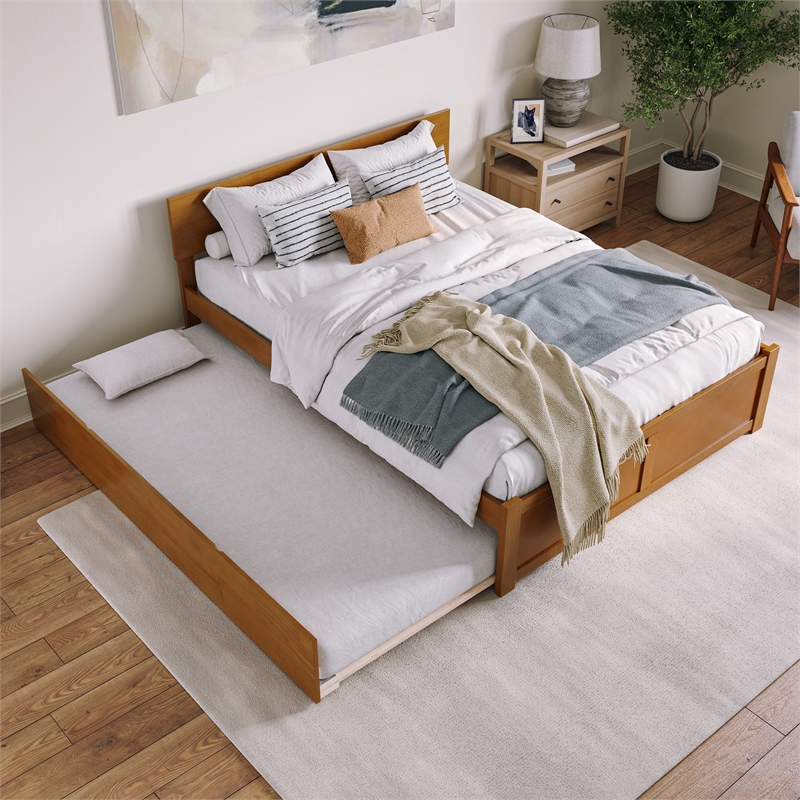 Orlando Queen Wood Platform Bed with Footboard and TXL Trundle in Light Toffee