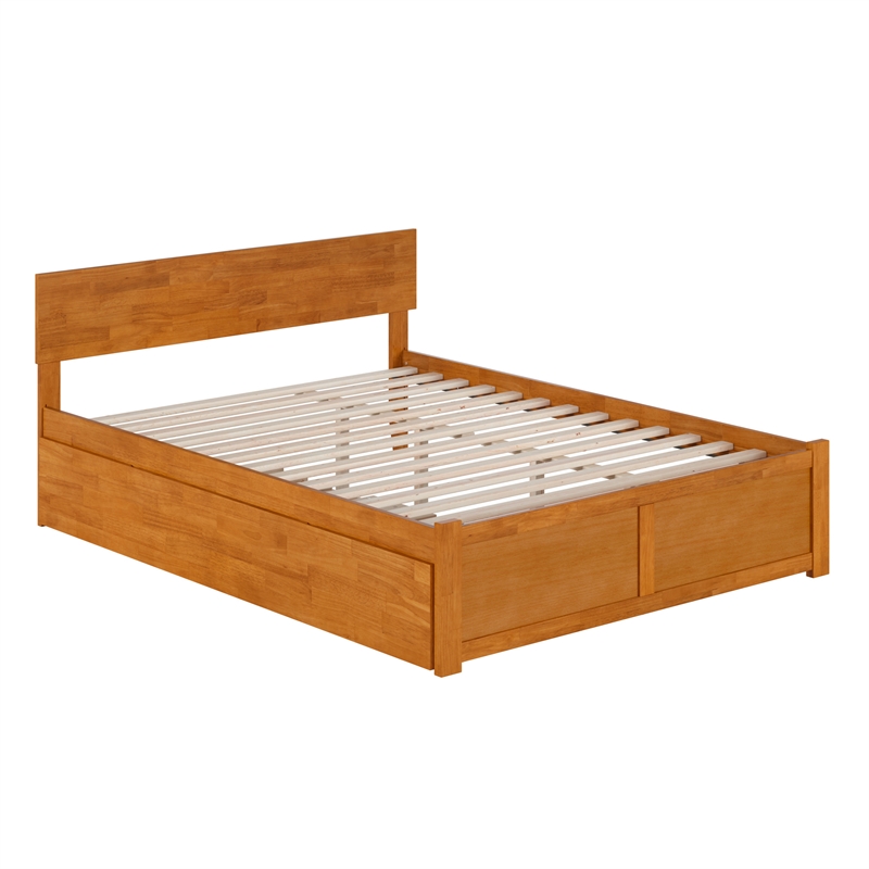 Orlando Queen Wood Platform Bed with Footboard and TXL Trundle in Light Toffee