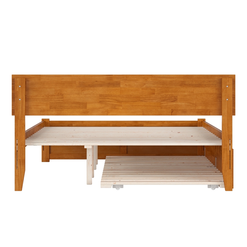 Orlando Queen Wood Platform Bed with Footboard and TXL Trundle in Light Toffee