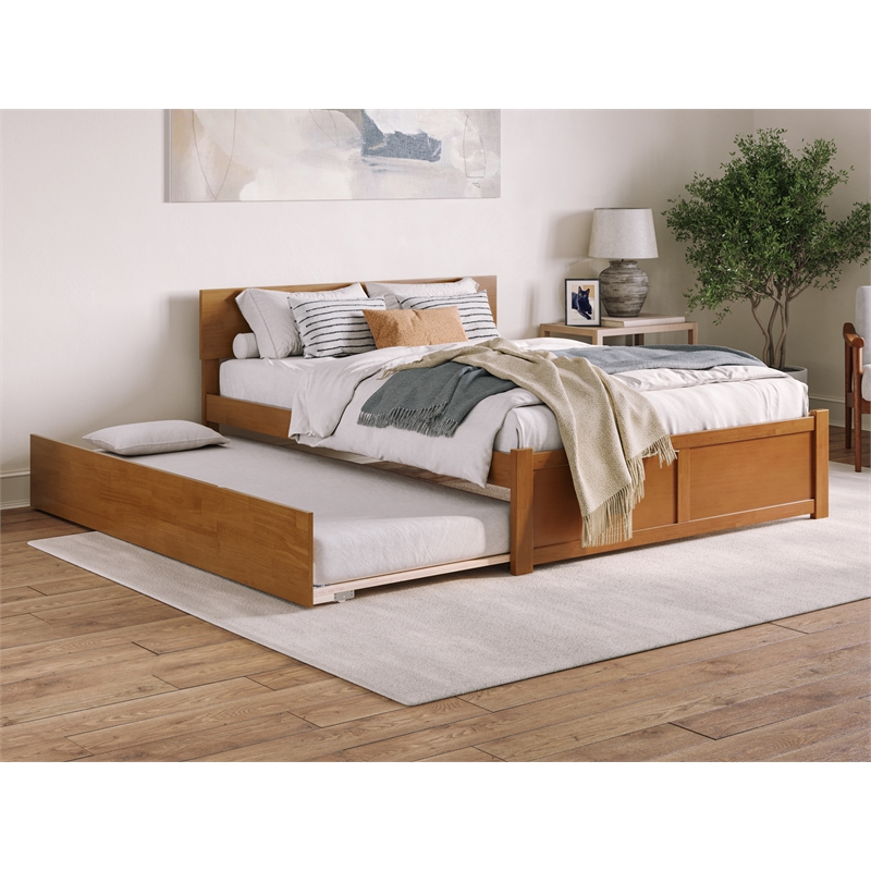 Orlando Queen Wood Platform Bed with Footboard and TXL Trundle in Light ...