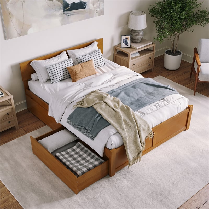 Orlando Queen Wood Platform Bed with Footboard and Drawers in Light Toffee