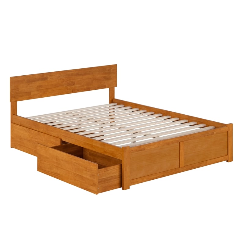 Orlando Queen Wood Platform Bed with Footboard and Drawers in Light Toffee
