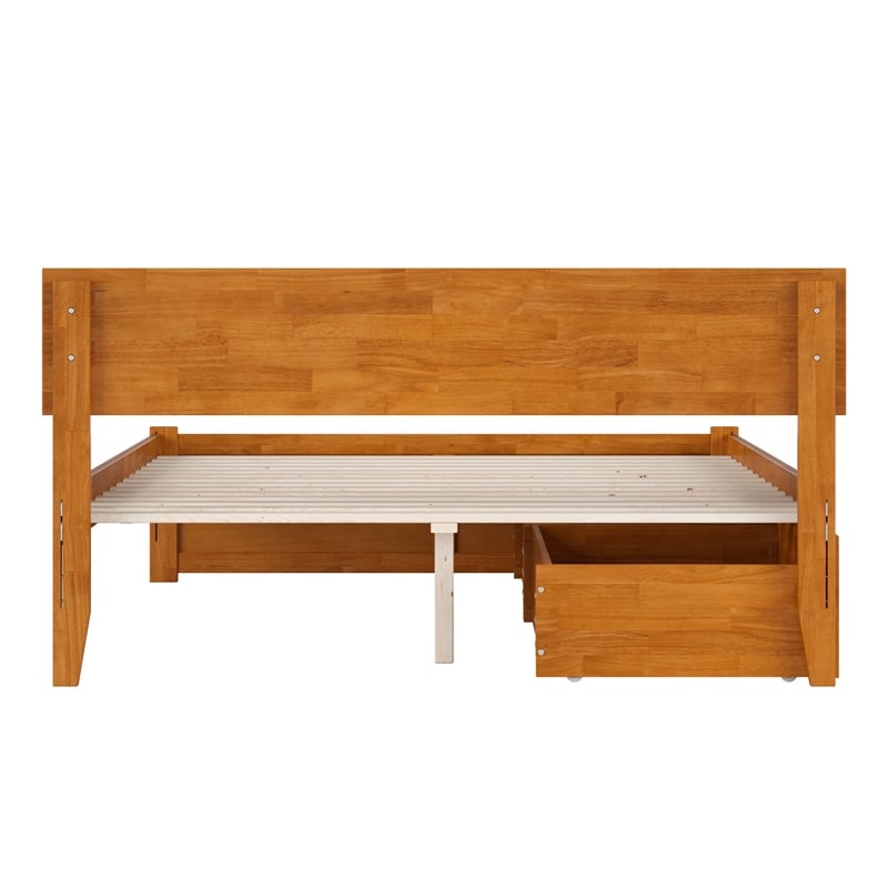Orlando Queen Wood Platform Bed with Footboard and Drawers in Light Toffee