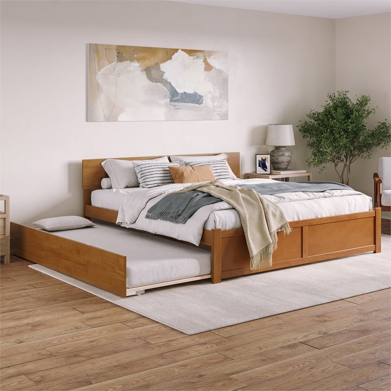 Orlando King Wood Platform Bed with Footboard and TXL Trundle in Light Toffee