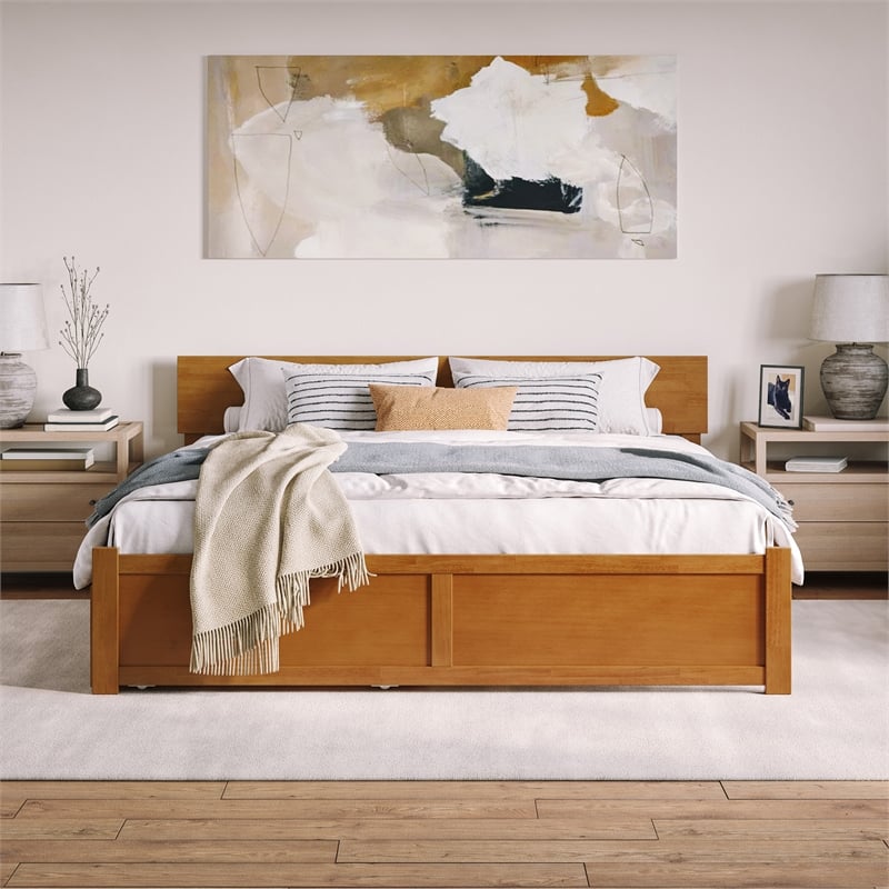Orlando King Wood Platform Bed with Footboard and TXL Trundle in Light Toffee