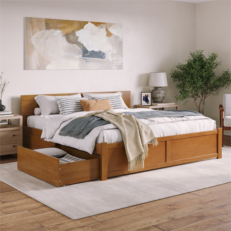 Orlando King Wood Platform Bed with Footboard and Drawers in Light Toffee