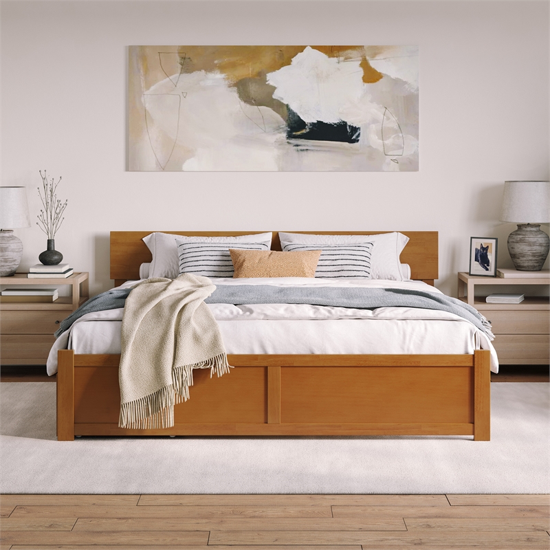 Orlando King Wood Platform Bed with Footboard and Drawers in Light Toffee