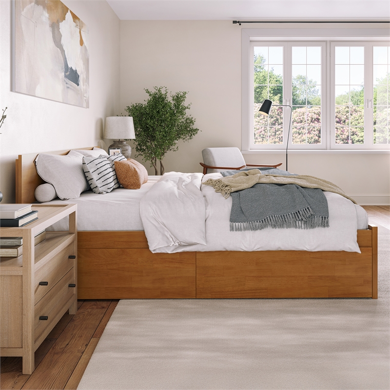 Orlando King Wood Platform Bed with Footboard and Drawers in Light Toffee