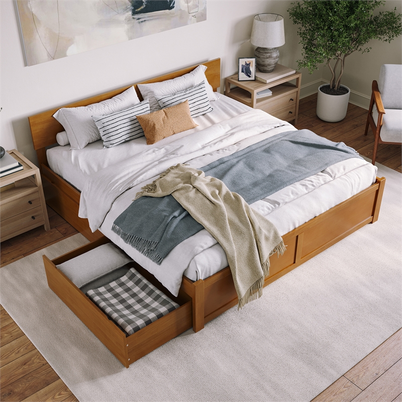 Orlando King Wood Platform Bed with Footboard and Drawers in Light Toffee