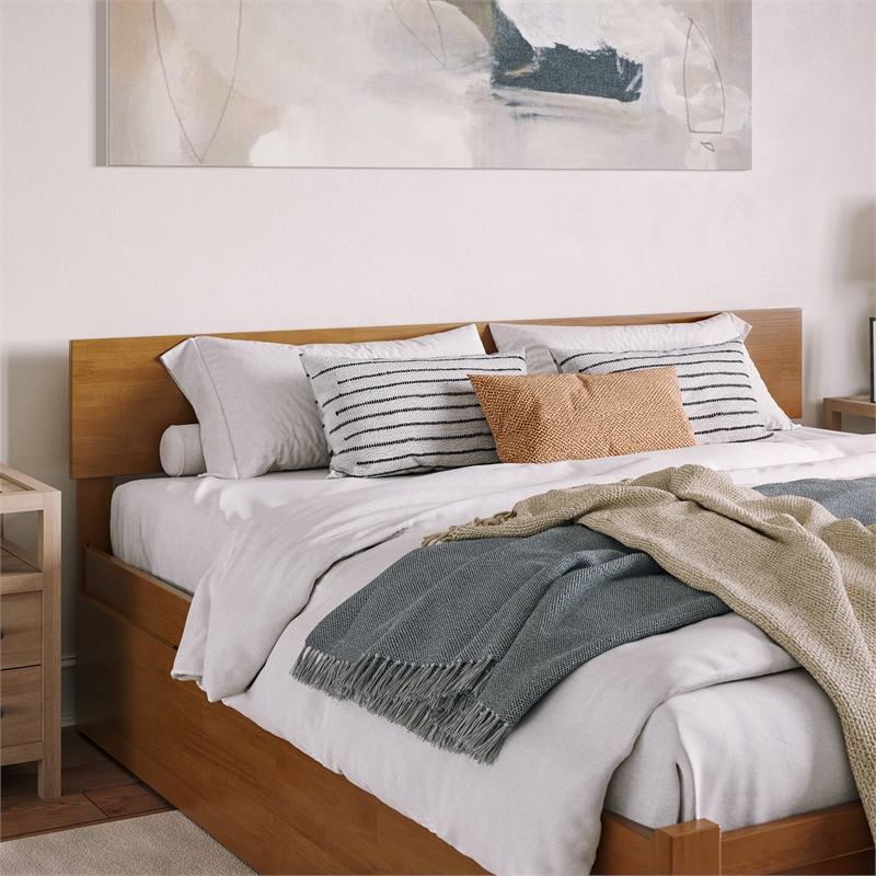 Orlando King Wood Platform Bed with Footboard and Drawers in Light Toffee