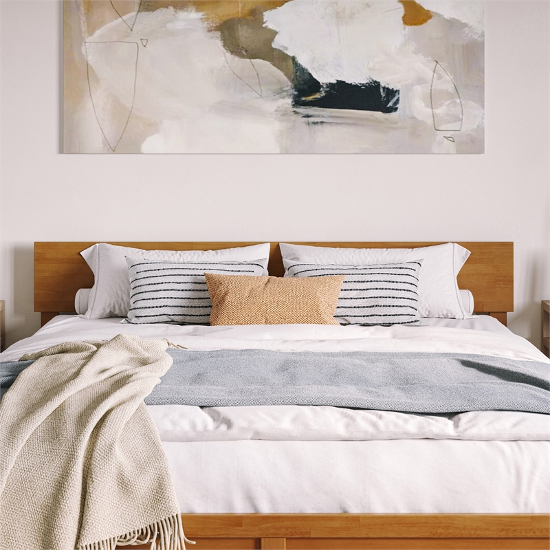 Orlando King Wood Platform Bed with Footboard and Drawers in Light Toffee