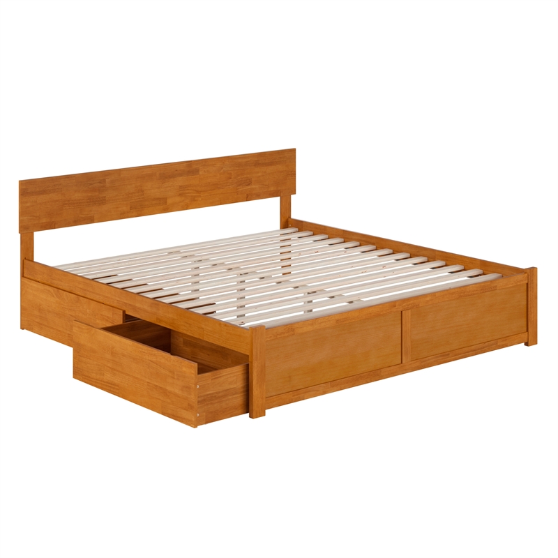 Orlando King Wood Platform Bed with Footboard and Drawers in Light Toffee