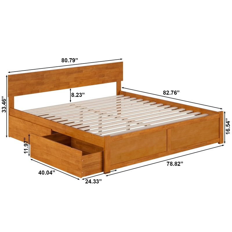 Orlando King Wood Platform Bed with Footboard and Drawers in Light Toffee