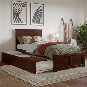 Nantucket Twin XL Wood Platform Bed with Footboard and Twin XL Trundle in Walnut