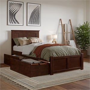 Nantucket Twin XL Wood Platform Bed with Footboard and Storage Drawers in Walnut