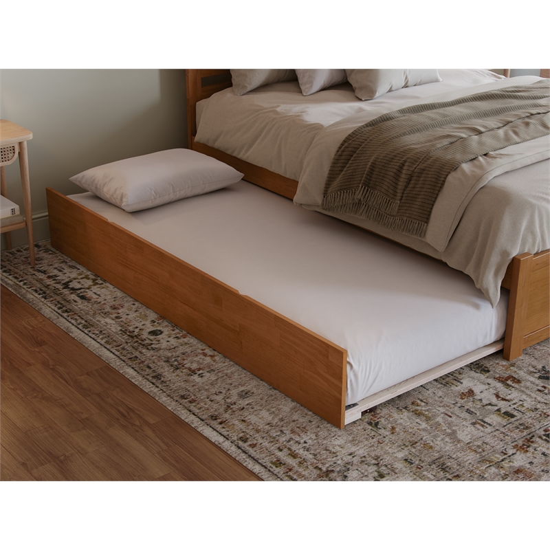 Madison King Wood Platform Bed with Footboard and Trundle in Light Toffee