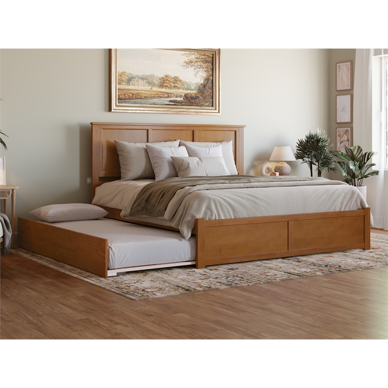 Madison King Wood Platform Bed with Footboard and Trundle in Light Toffee