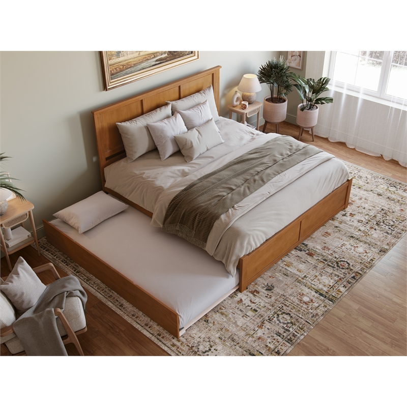 Madison King Wood Platform Bed with Footboard and Trundle in Light Toffee