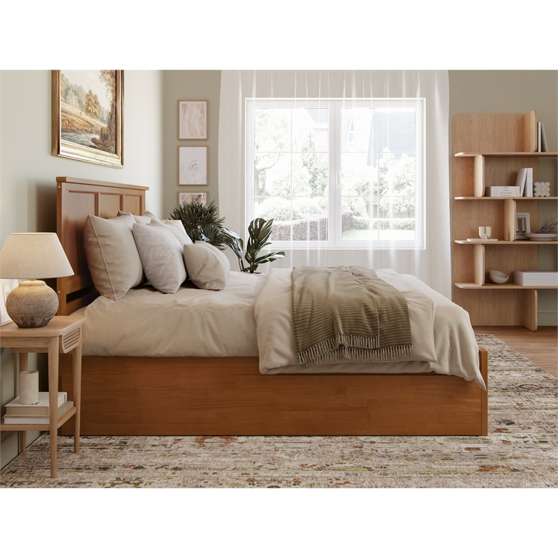 Madison King Wood Platform Bed with Footboard and Trundle in Light Toffee