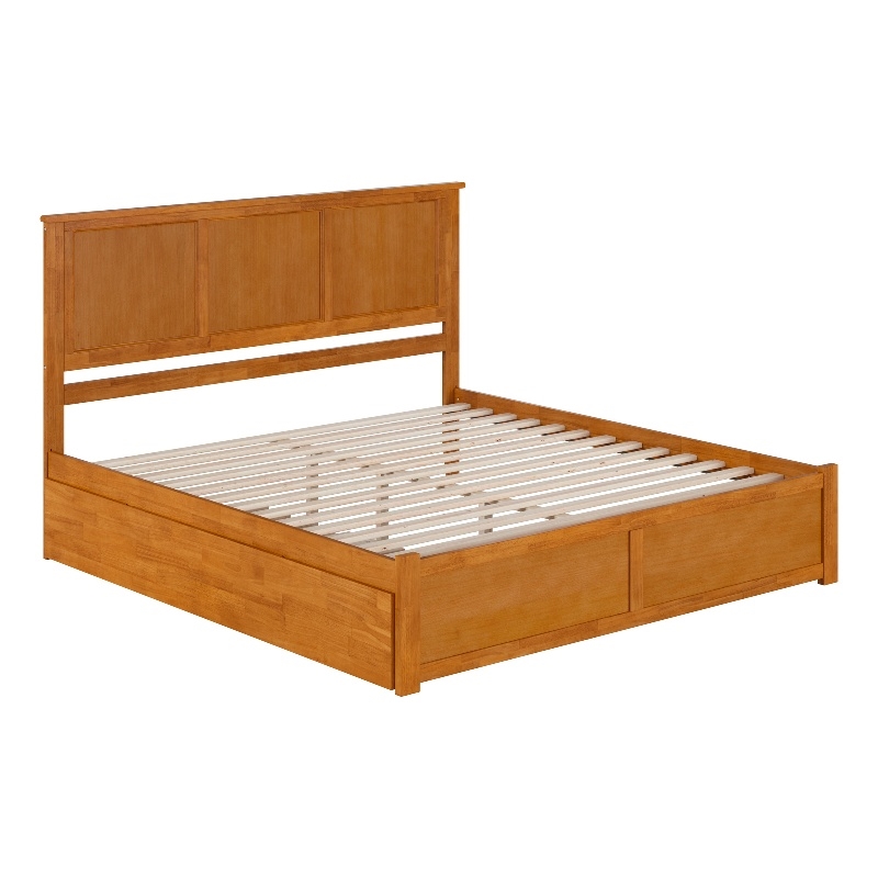 Madison King Wood Platform Bed with Footboard and Trundle in Light Toffee