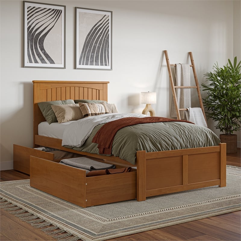 Nantucket Twin XL Wood Platform Bed with Footboard and Drawers in Light Toffee