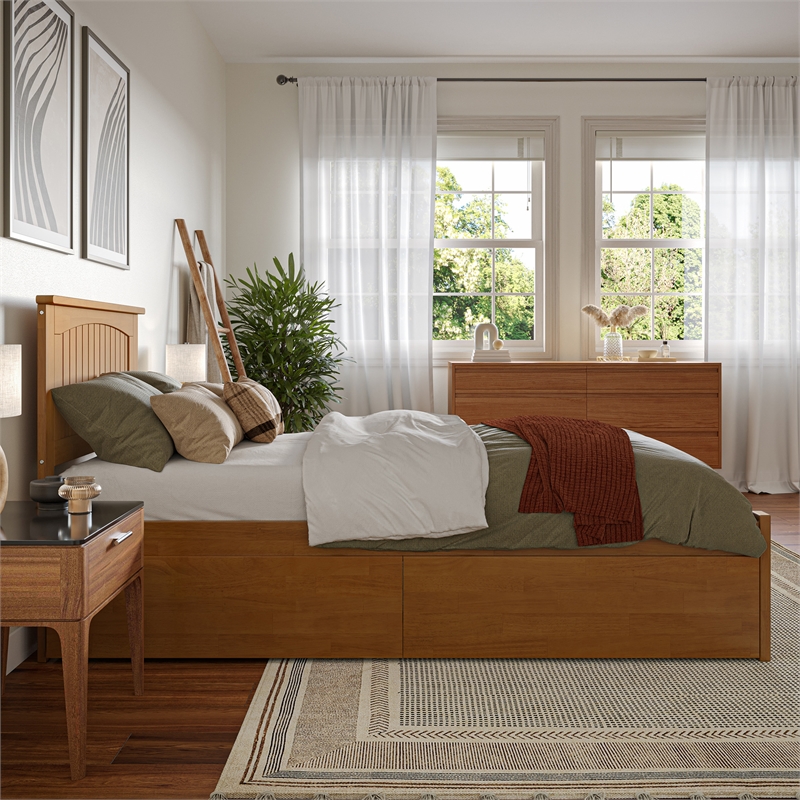 Nantucket Twin XL Wood Platform Bed with Footboard and Drawers in Light Toffee