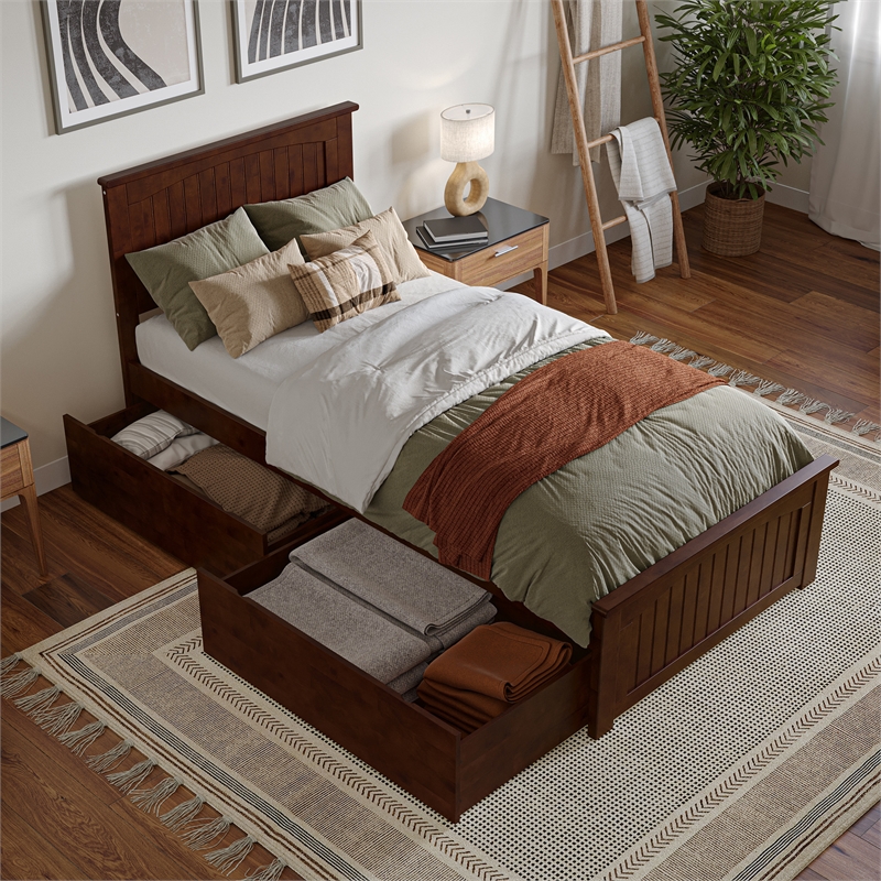 Nantucket Twin XL Wood Platform Bed with Matching Footboard & Drawers in Walnut