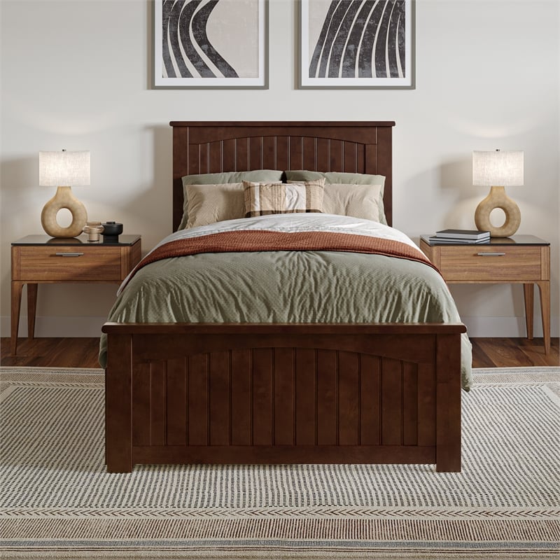 Nantucket Twin XL Wood Platform Bed with Matching Footboard & Drawers in Walnut