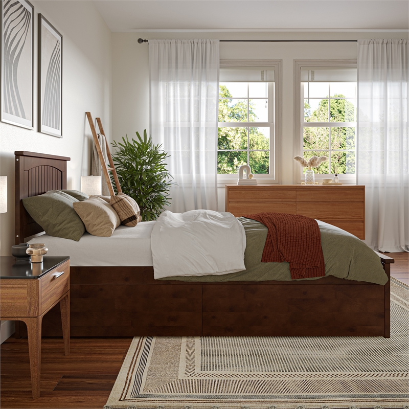 Nantucket Twin XL Wood Platform Bed with Matching Footboard & Drawers in Walnut