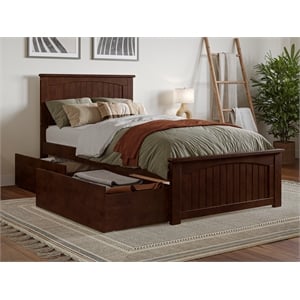Nantucket Twin XL Wood Platform Bed with Matching Footboard & Drawers in Walnut