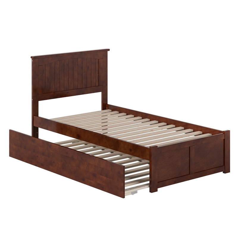 Nantucket Twin Wood Platform Bed with Footboard and Twin Trundle in Walnut